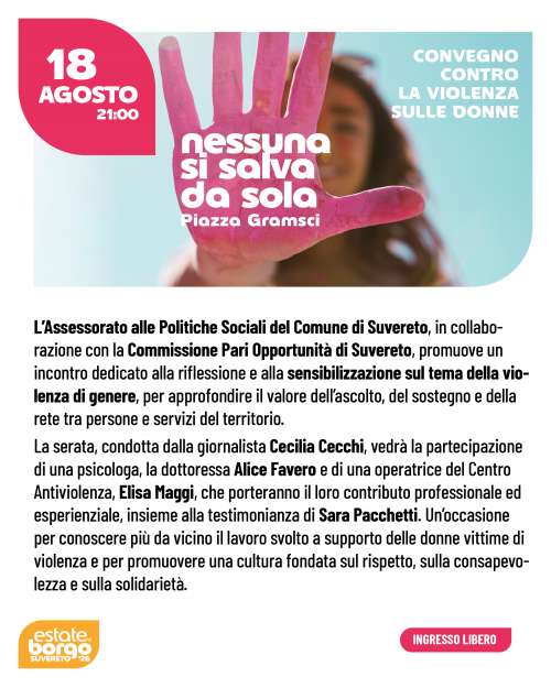 Violenza di genere: marted� 18 agosto un incontro pubblico a Suvereto per promuovere ascolto, consapevolezza e sostegno